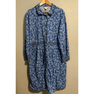 Lanz Of Salzburg Housecoat Womens 2X Blue Floral Button Long Sleeve Cottagecore